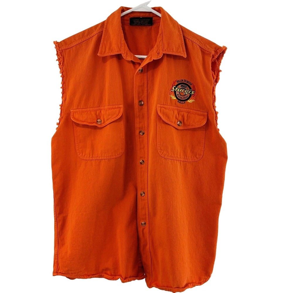 Mens M‎ Sturgis 2003 Orange Sleeveless Button Shirt 63rd Annual Biker Design